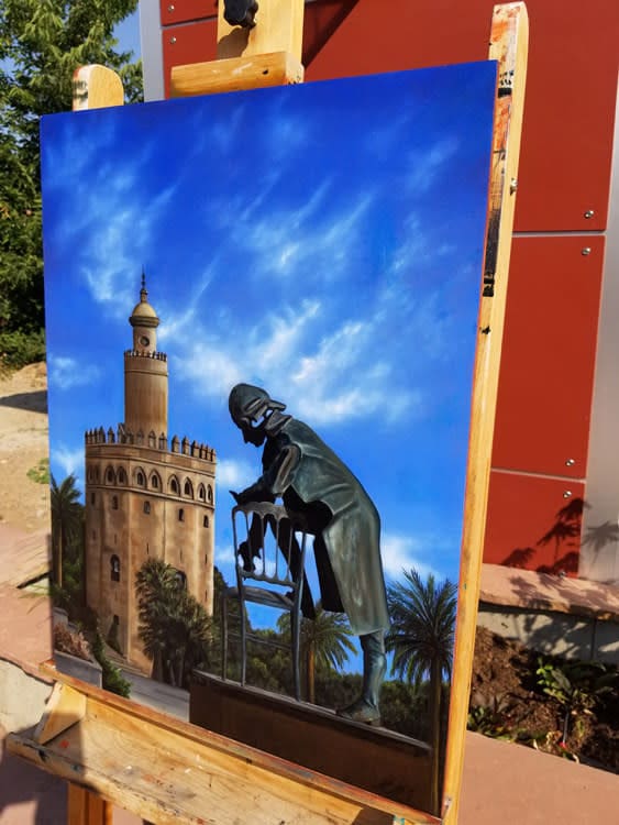 Seville is north of my town, Jerez and this is a Monument to Wolfgang Amadeus Mozart, the bronze statue is by Ronaldo Campos. This painting is part of a series "Mediterranean" There is something mesmerizing and magical about Mediterranean sites in Spain.