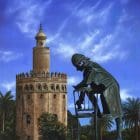 Seville is north of my town, Jerez and this is a Monument to Wolfgang Amadeus Mozart, the bronze statue is by Ronaldo Campos. This painting is part of a series "Mediterranean" There is something mesmerizing and magical about Mediterranean sites in Spain.