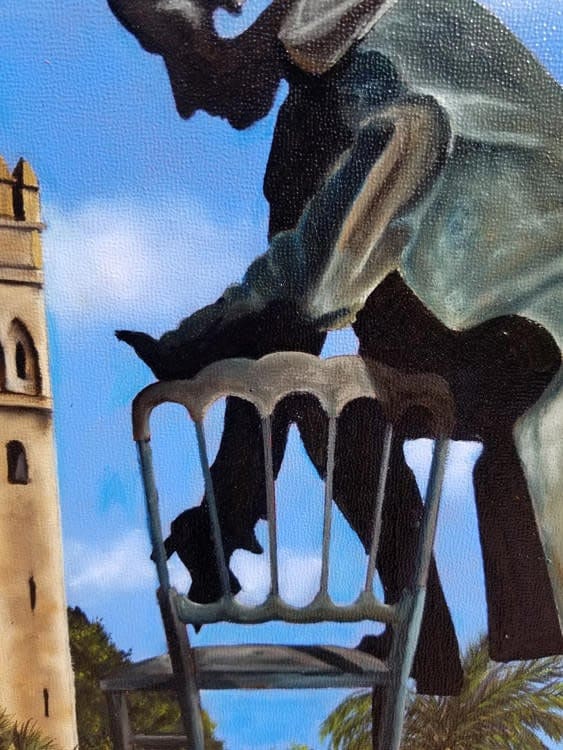 Seville is north of my town, Jerez and this is a Monument to Wolfgang Amadeus Mozart, the bronze statue is by Ronaldo Campos. This painting is part of a series "Mediterranean" There is something mesmerizing and magical about Mediterranean sites in Spain.