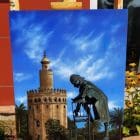 Seville is north of my town, Jerez and this is a Monument to Wolfgang Amadeus Mozart, the bronze statue is by Ronaldo Campos. This painting is part of a series "Mediterranean" There is something mesmerizing and magical about Mediterranean sites in Spain.