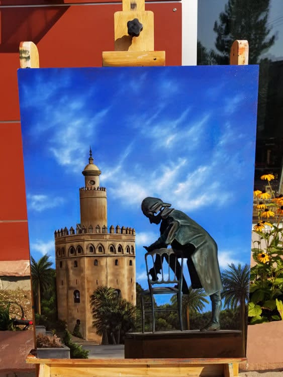 Seville is north of my town, Jerez and this is a Monument to Wolfgang Amadeus Mozart, the bronze statue is by Ronaldo Campos. This painting is part of a series "Mediterranean" There is something mesmerizing and magical about Mediterranean sites in Spain.