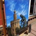 Seville is north of my town, Jerez and this is a Monument to Wolfgang Amadeus Mozart, the bronze statue is by Ronaldo Campos. This painting is part of a series "Mediterranean" There is something mesmerizing and magical about Mediterranean sites in Spain.