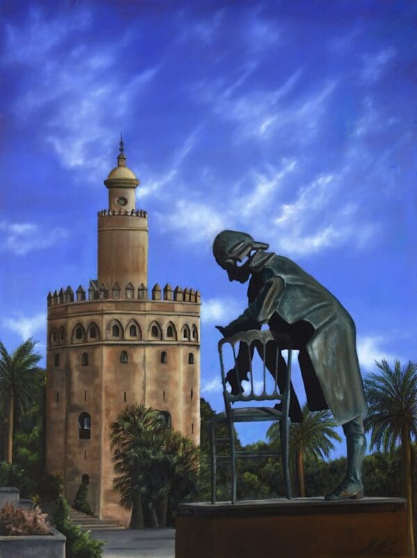 Seville is north of my town, Jerez and this is a Monument to Wolfgang Amadeus Mozart, the bronze statue is by Ronaldo Campos. This painting is part of a series "Mediterranean" There is something mesmerizing and magical about Mediterranean sites in Spain.
