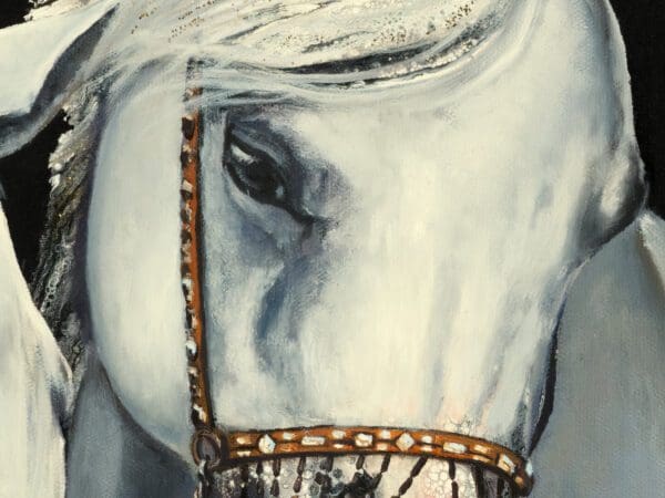 Close-up detail of "3 Wise Guys" painting, showing intricate Hybrid Fluid Realism details by Monica Marquez Gatica of Monica Fine Art - Colorado