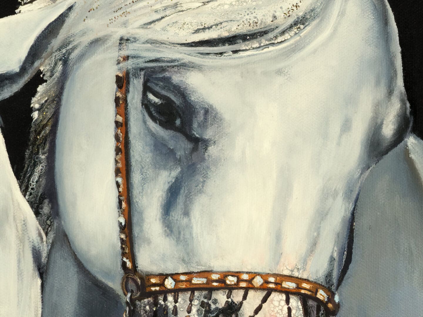 Close-up detail of "3 Wise Guys" painting, showing intricate Hybrid Fluid Realism details by Monica Marquez Gatica of Monica Fine Art - Colorado