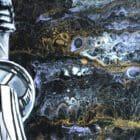 Detail shot showcasing the metallic acrylic pour background of the Dom Perignon painting