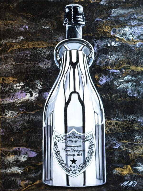 Painting of a Dom Perignon champagne bottle, created with traditional oils and a metallic acrylic pour background