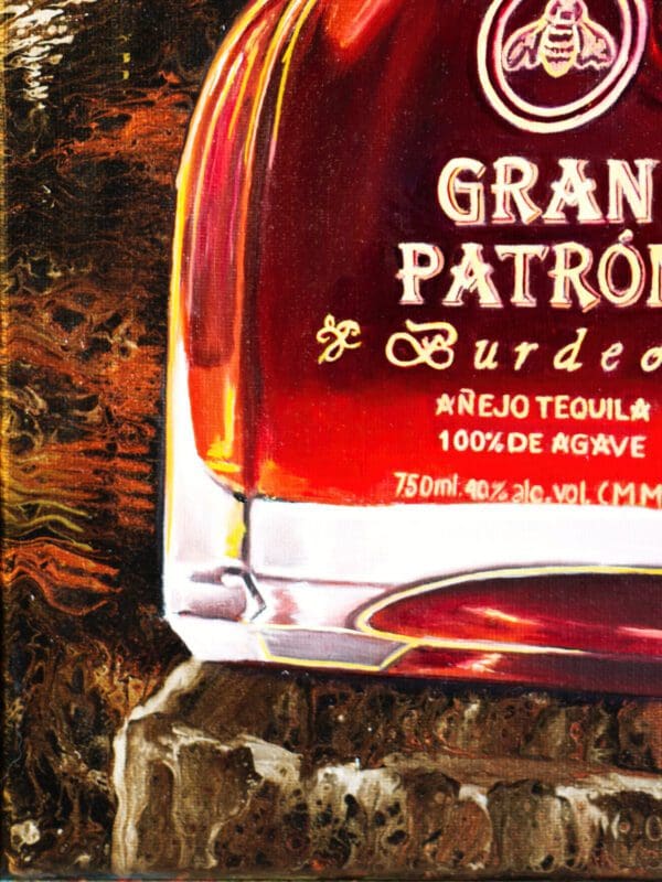 Detailed view of the oil-rendered tequila bottle in 'Tequila’s Testament: Detailing the Bottle