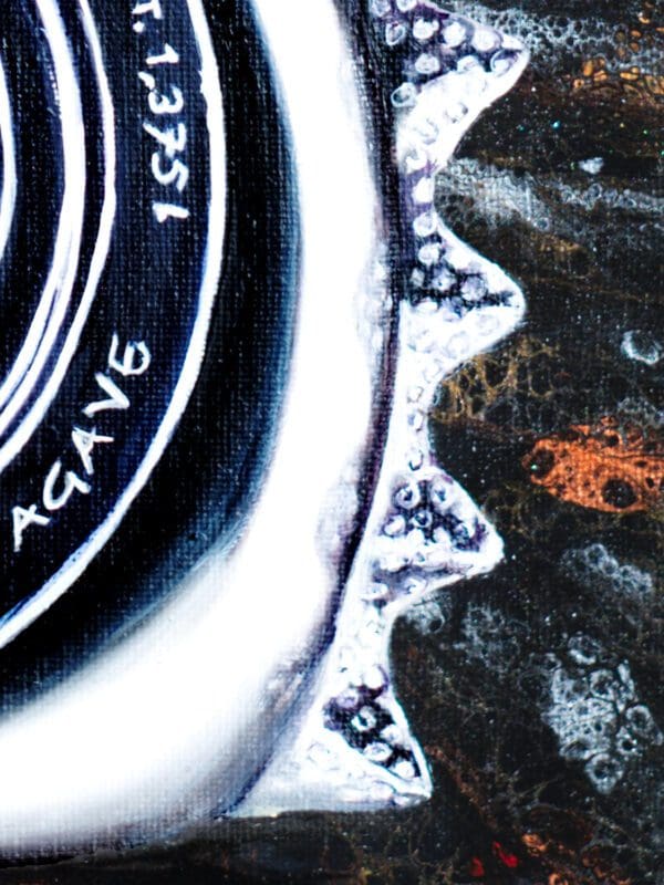 Monica_Fine_Art_Tequila_Ley_925_Diamante_Painting_Detail_Oil_Rendered_Bottle_Acrylic_Poured_Metallic_Background
