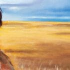 Close-up detail of Monica Marquez Gatica's 'Basking in Gold', highlighting the intricate oil details in the golden retriever's face