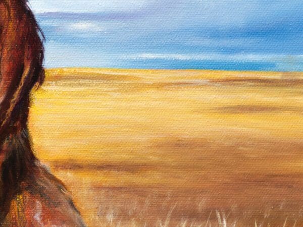 Close-up detail of Monica Marquez Gatica's 'Basking in Gold', highlighting the intricate oil details in the golden retriever's face