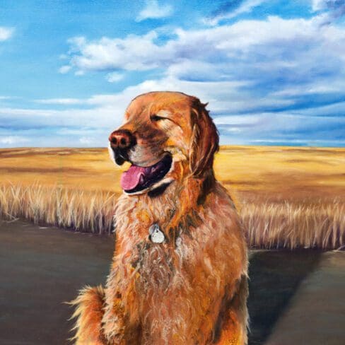 Monica Marquez Gatica's 'Basking in Gold', an exquisite hybrid fluid realism painting featuring a golden retriever in a prairie landscape, beautifully merging abstract acrylic pouring and traditional oil details.