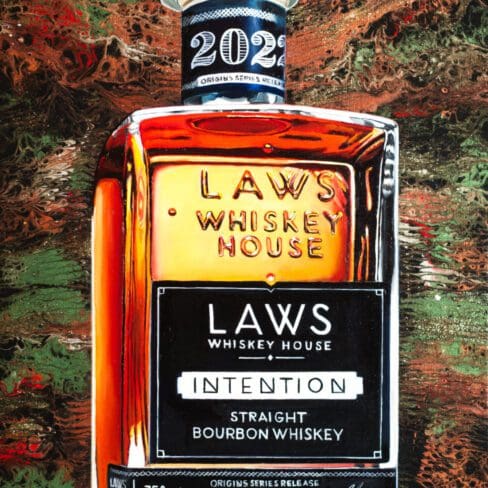 Monica Marquez Gatica's LAWS Fluid Whiskey painting, showcasing her signature hybrid fluid realism style with a blend of ethereal backgrounds and detailed whiskey bottle.