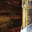 Close-up capturing the mesmerizing acrylic pouring effects in Monica Marquez Gatica's painting of Dom Ruinart 2010 Blanc de Blanc.