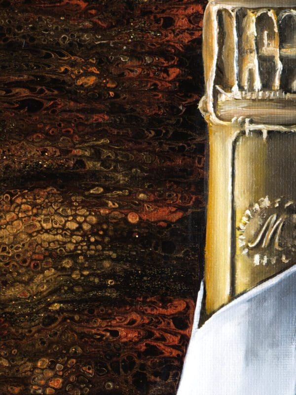 Close-up capturing the mesmerizing acrylic pouring effects in Monica Marquez Gatica's painting of Dom Ruinart 2010 Blanc de Blanc.