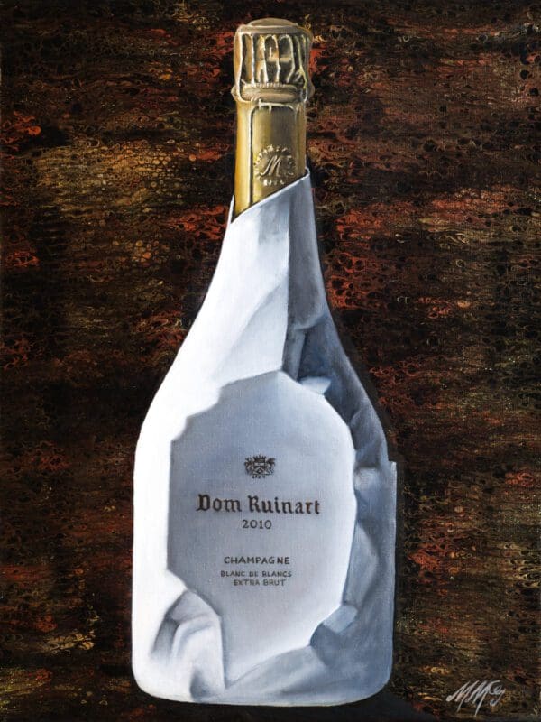 A stunning painting of the prestigious Dom Ruinart 2010 Blanc de Blanc by Monica Marquez Gatica, an expressive interpretation of luxury and taste using Hybrid Fluid Realism.