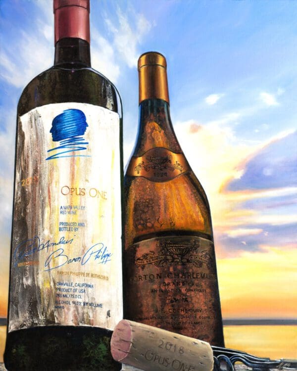 Hybrid Fluid Realism painting by Monica Marquez Gatica featuring Opus One and Corton Charlemagne Grand Cru bottles against a twilight landscape.