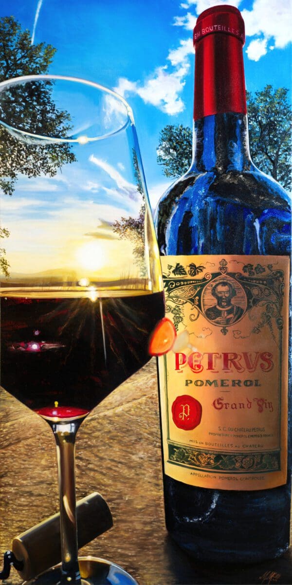 Hybrid Fluid Realism painting by Monica Marquez Gatica featuring a Petrus Pomerol wine bottle with a vivid sunset backdrop.