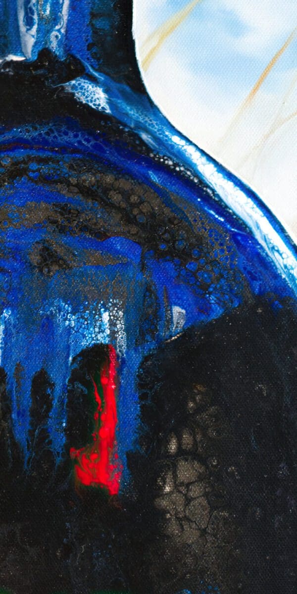 Detail shot showcasing the vibrant acrylic pouring elements in Monica Marquez Gatica's 'Silver Oak - Silver Lining'