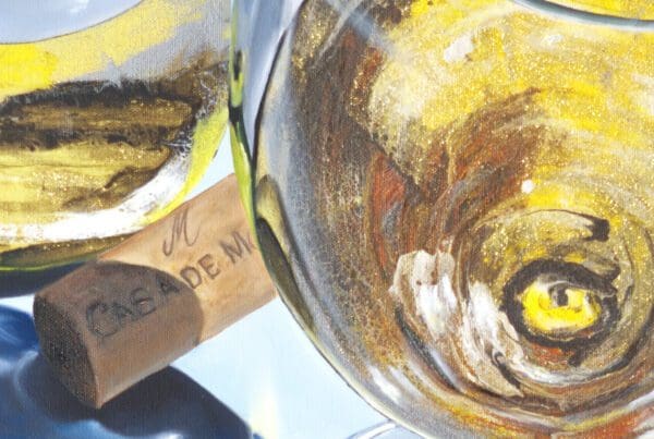 Close-up detail of 'Grapes and Gradients', highlighting the interplay of light, reflection, and the nuanced oil work of Monica Marquez Gatica’s Hybrid Fluid Realism style.