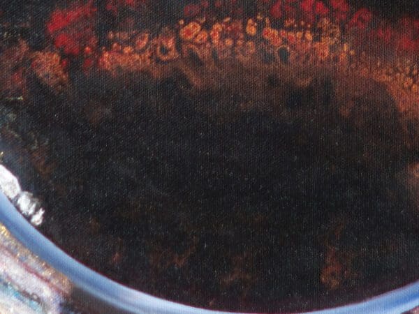 Detail of 'Grapes and Gradients', emphasizing the fluid and spontaneous acrylic pouring characteristic of Monica Marquez Gatica's Hybrid Fluid Realism.