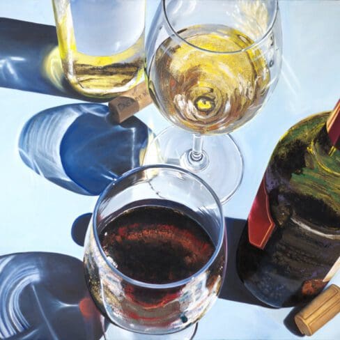 Monica Marquez Gatica's 'Grapes and Gradients', showcasing a wine bottle of red and white each, glasses filled with wine, and an interplay of luminous light and elongated shadows on a table.