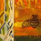 Monica Marquez Gatica's painting depicting a detailed Patron Añejo tequila bottle next to a crystal glass with the Flat Iron mountains in the background.