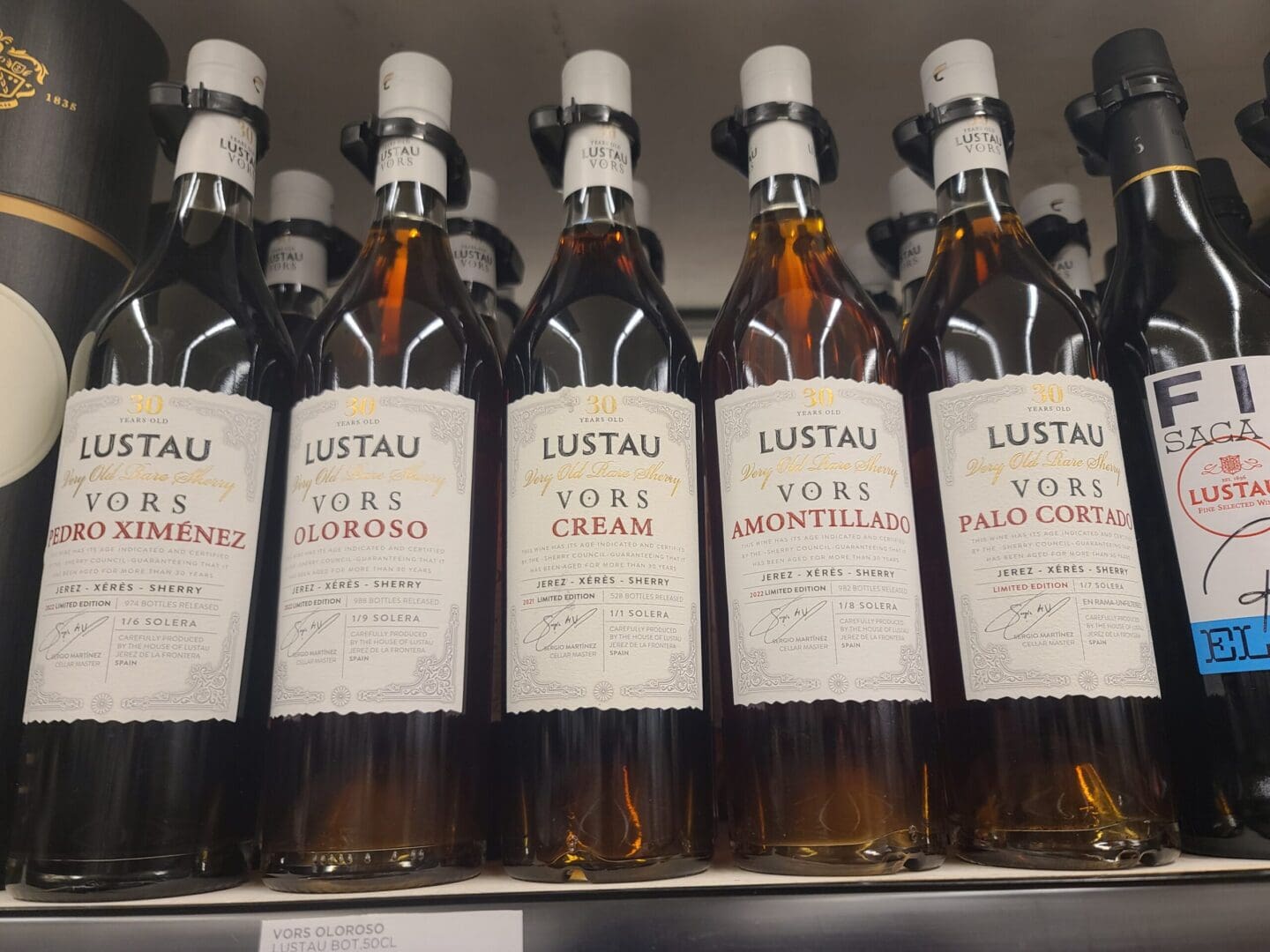 A collection of VORS sherry bottles representing various aged types