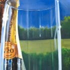Detail of Monica Marquez Gatica's painting showing a champagne bottle's neck with the cork and a glass with reflected scenery