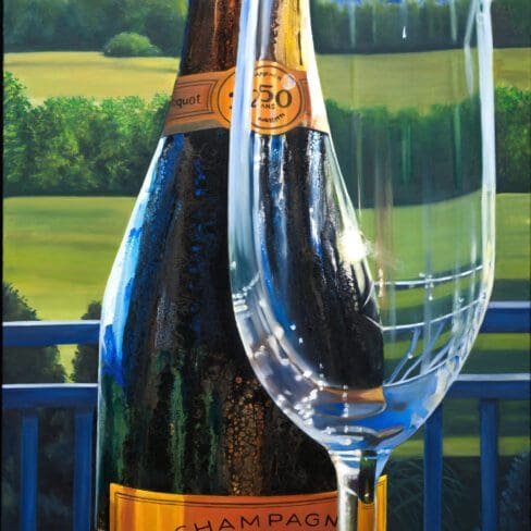 Monica Marquez Gatica's painting 'Celebration at Dusk' featuring a Veuve Clicquot champagne bottle and glass with the Flat Iron mountains in the background.