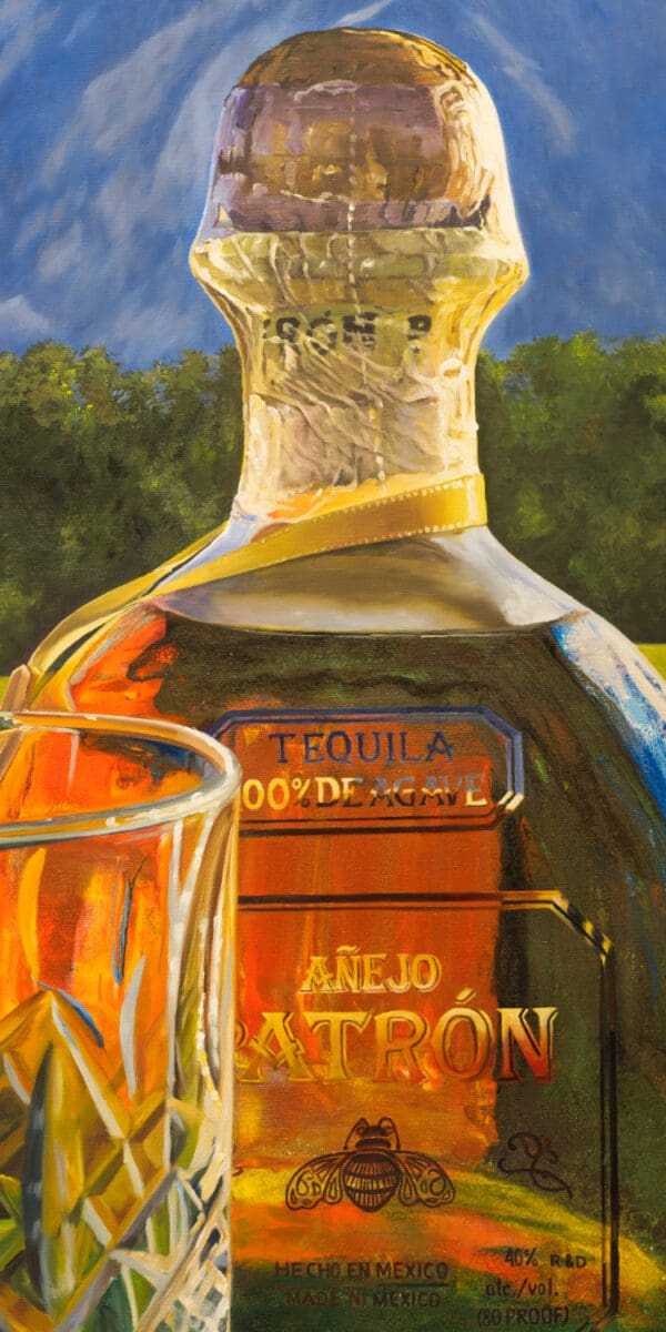 Monica Marquez Gatica's painting detail of a Patron bottle cork and neck against a mountainous backdrop.