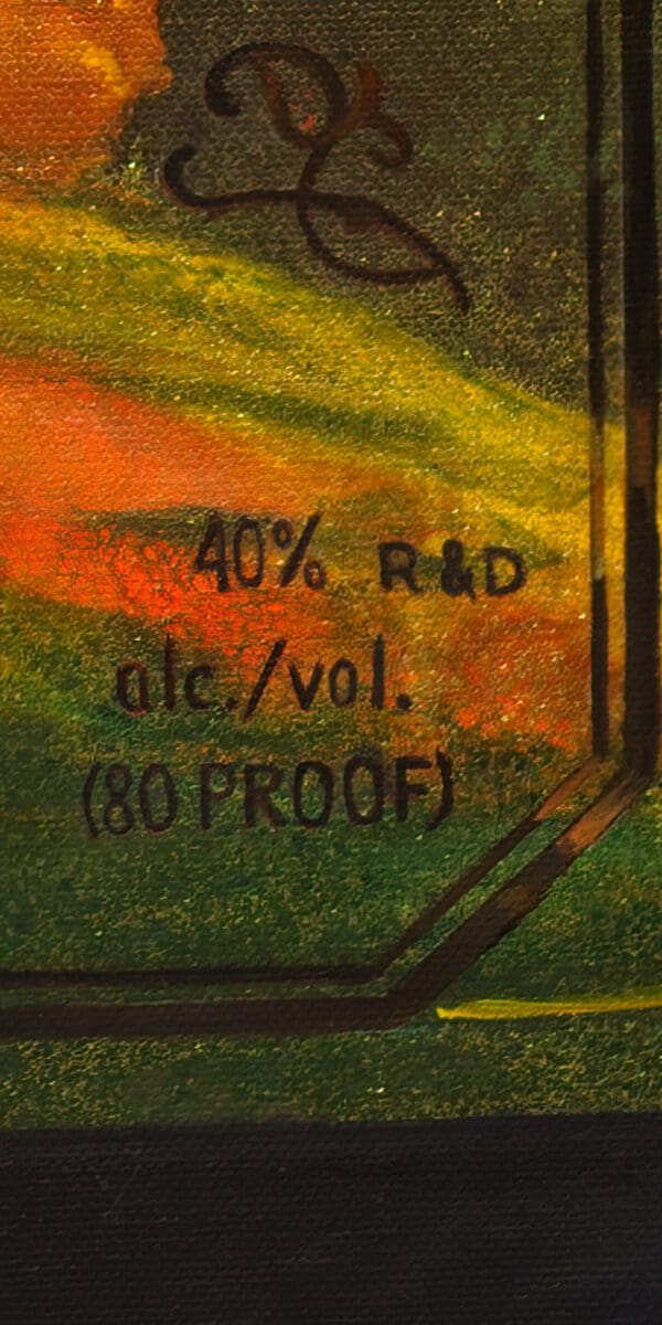 Detailed painting of a Patron tequila bottle label emphasizing texture and color.