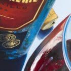 Zoomed-in view of a red wine glass and bottle label in a fluid realism painting.