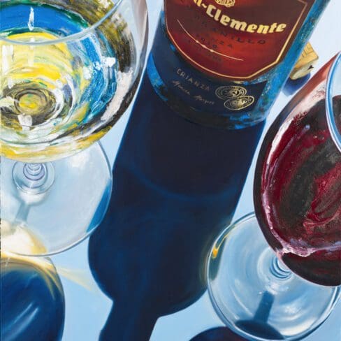 Contemporary wine painting by Monica Marquez Gatica titled 'Vinous Harmony' featuring glasses of red and white wine with acrylic pouring technique on a 24x30 canvas.