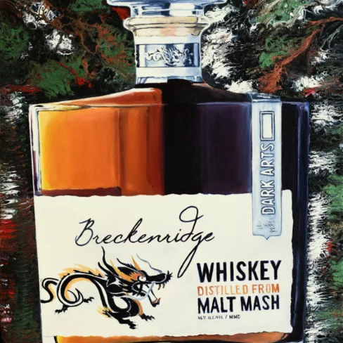 Monica Marquez Gatica's 'Dragon's Elixir' painting, featuring Breckenridge Whiskey bottle against a fluid acrylic background.