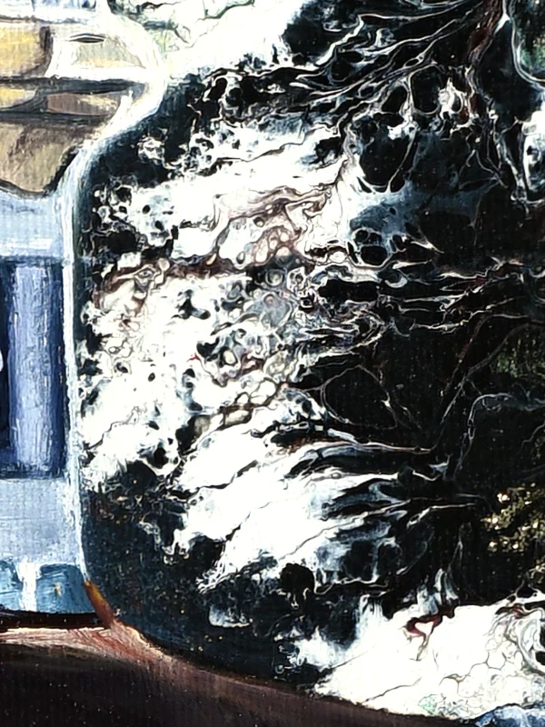 extured acrylic pour detail in 'Dragon's Elixir' painting, simulating Rocky Mountain snowmelt