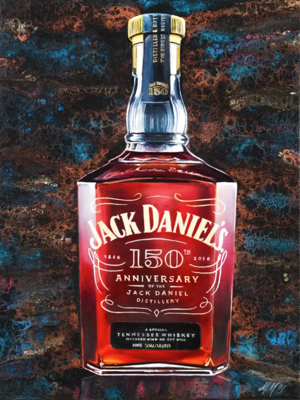 Monica Marquez Gatica's fine art painting of a Jack Daniel's 150th Anniversary bottle against a vibrant acrylic-poured background.
