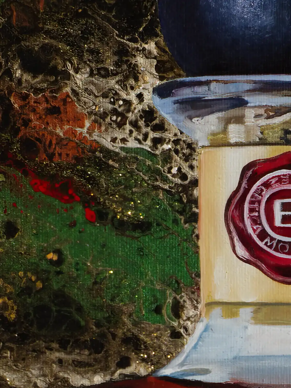 Detail of acrylic pouring background in Monica Marquez Gatica's 'Jim Beam Delight' painting, displaying a rich tapestry of colors and textures.