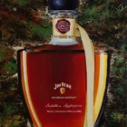 Full view of Monica Marquez Gatica's 'Jim Beam Delight' painting, showcasing a Jim Beam bottle in hyper-realistic detail against an abstract background.