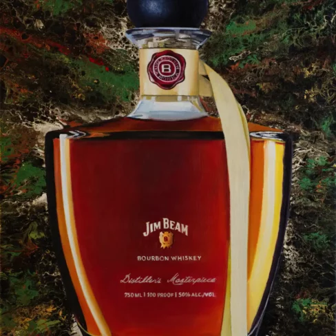 Full view of Monica Marquez Gatica's 'Jim Beam Delight' painting, showcasing a Jim Beam bottle in hyper-realistic detail against an abstract background.