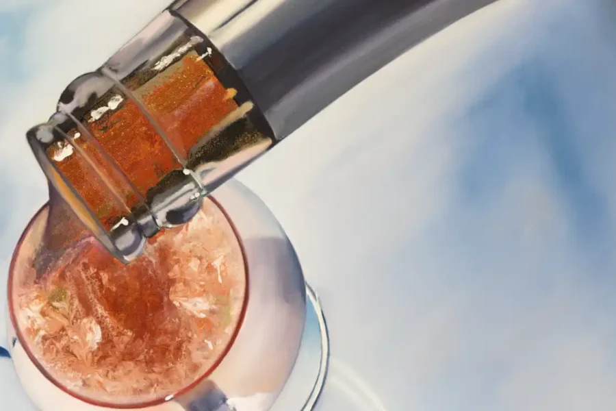 Intricate detail showcasing the texture and depth of acrylic pouring in a champagne-themed painting