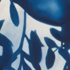 Artistic oil painting detail showing the serene blue shadows of olive branches.