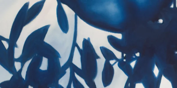 Artistic oil painting detail showing the serene blue shadows of olive branches.