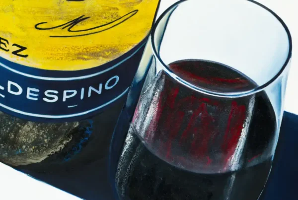 Close-up of the textured label on a Jerez Valdespino Sherry bottle in a realistic painting