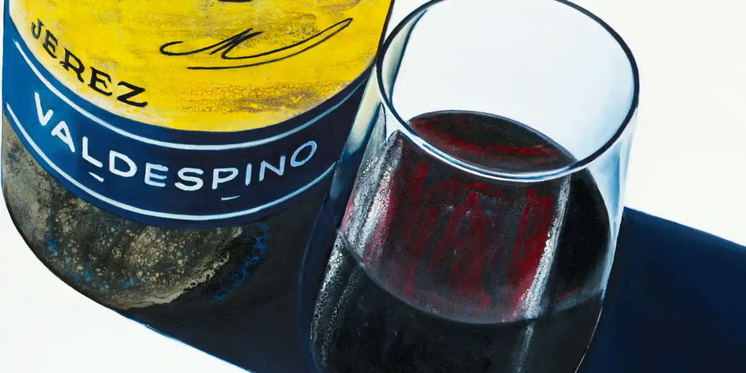 Close-up of the textured label on a Jerez Valdespino Sherry bottle in a realistic painting