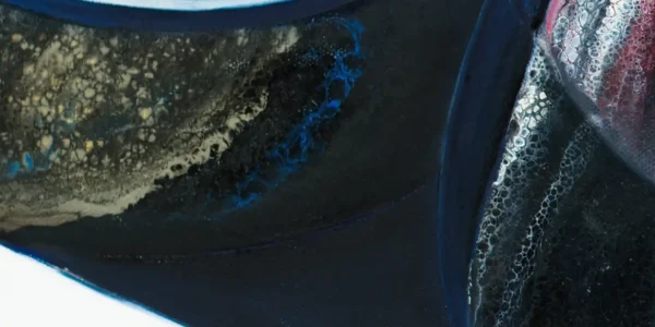 Detailed view of acrylic pour technique on a Sherry wine bottle painting, showcasing intricate patterns and textures.