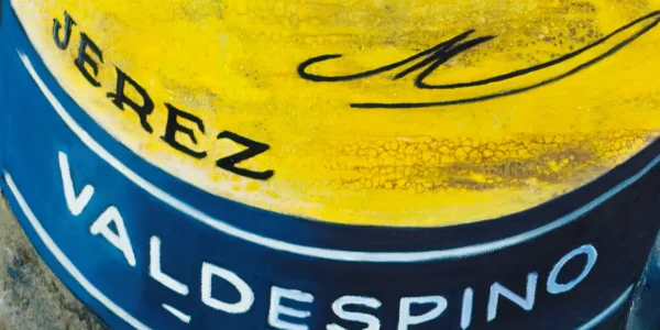 Intricate detail of a Sherry wine bottle and glass shadow in a contemporary realist painting.