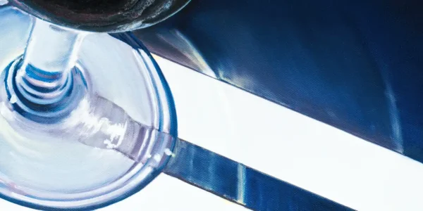 Detailed oil painting capturing the reflective sheen and shadow of a glass of Jerez Sherry