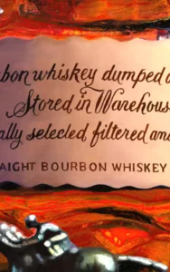 A detailed view of a textured bourbon bottle with a dynamic orange background in a realism painting