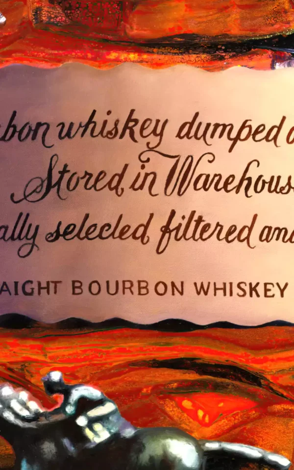 A detailed view of a textured bourbon bottle with a dynamic orange background in a realism painting